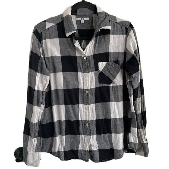 Uniqlo Black and White Plaid Flannel Shirt, Sz Medium - Picture 1 of 14